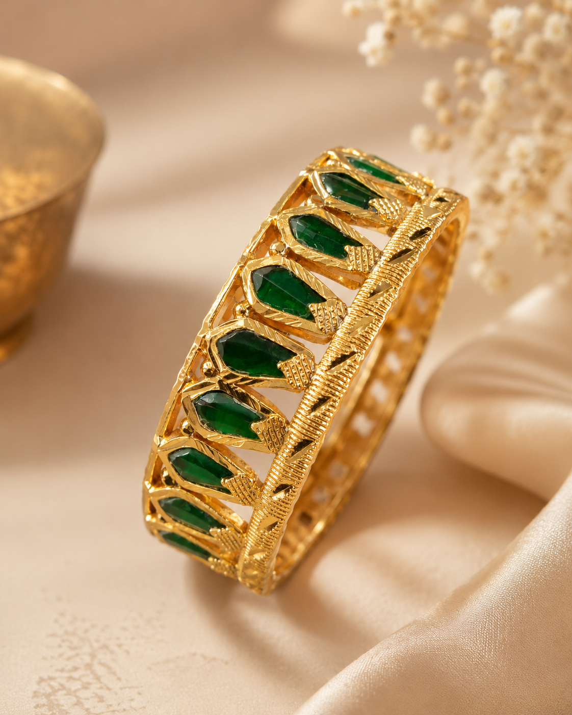 Gold Cuff Bracelet with Marquise Emerald Stones & Open Lattice Setting | L7532
