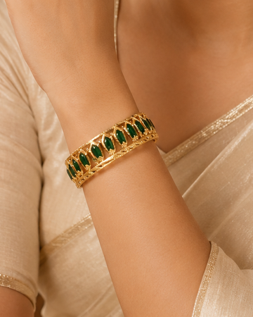 Gold Cuff Bracelet with Marquise Emerald Stones & Open Lattice Setting | L7532