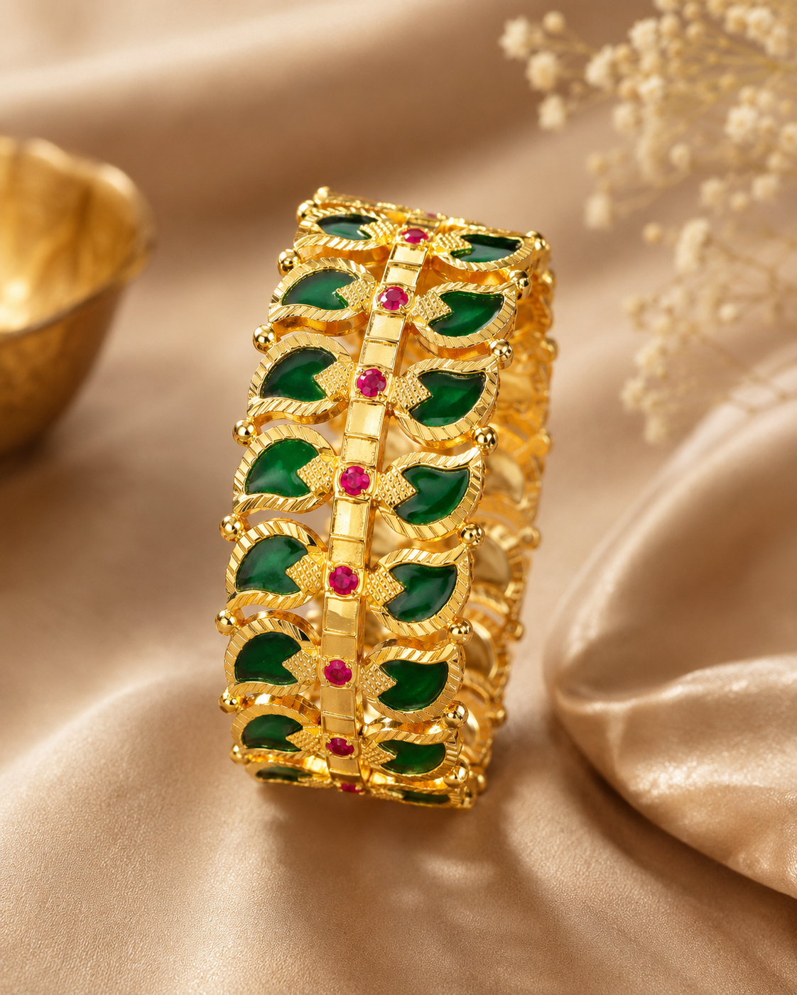 Wide Gold Kada with Emerald Leaf Motifs & Ruby Centre Stones | L7534