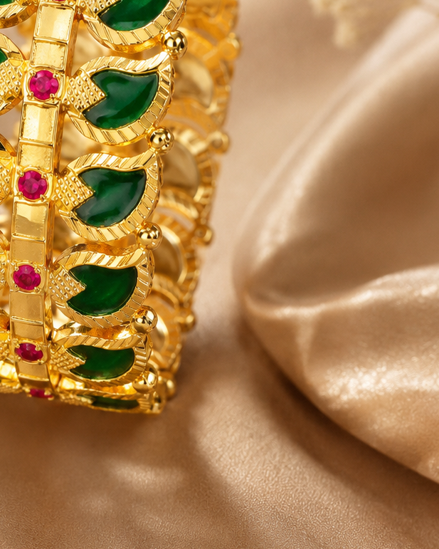 Wide Gold Kada with Emerald Leaf Motifs & Ruby Centre Stones | L7534