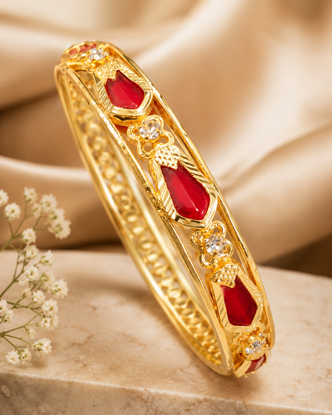 Gold Kada with Red Teardrop Stones & CZ Floral Accents | L6538/L6539/L6540