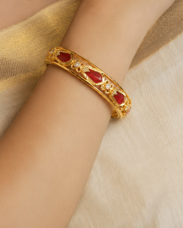 Gold Kada with Red Teardrop Stones & CZ Floral Accents | L6538/L6539/L6540