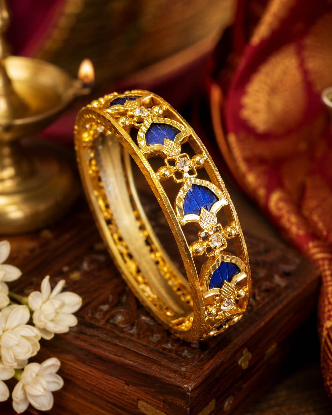 Gold Kada with Red Fan Stones & CZ Floral Accents | L7544