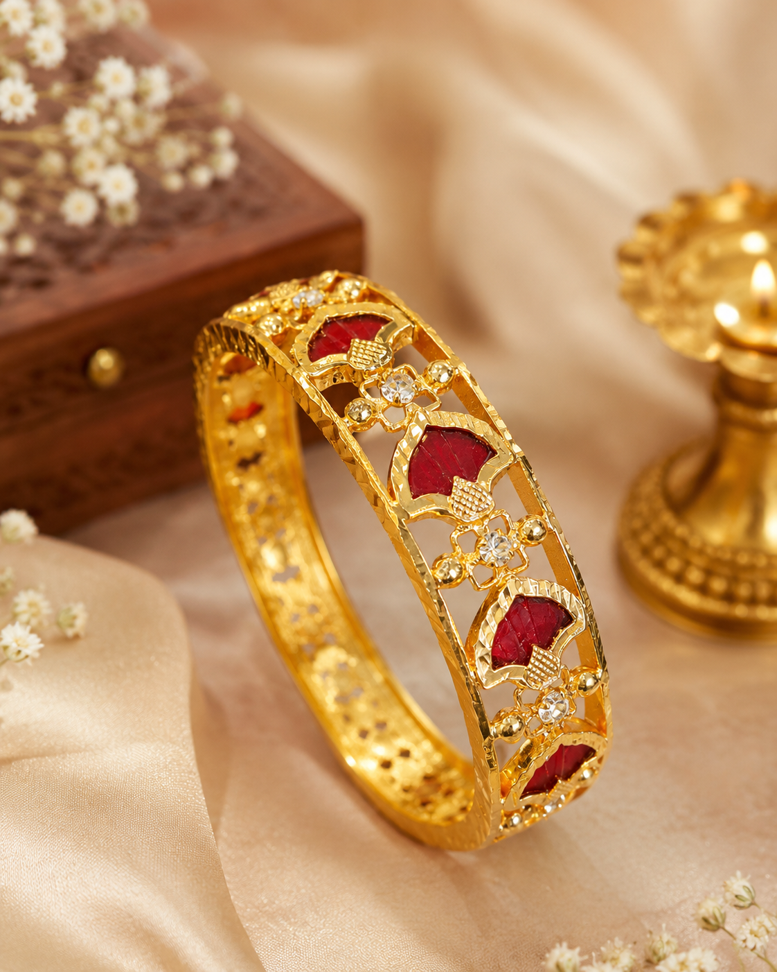 Gold Kada with Red Fan Stones & CZ Floral Accents | L7544