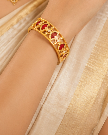 Gold Kada with Red Fan Stones & CZ Floral Accents | L7544