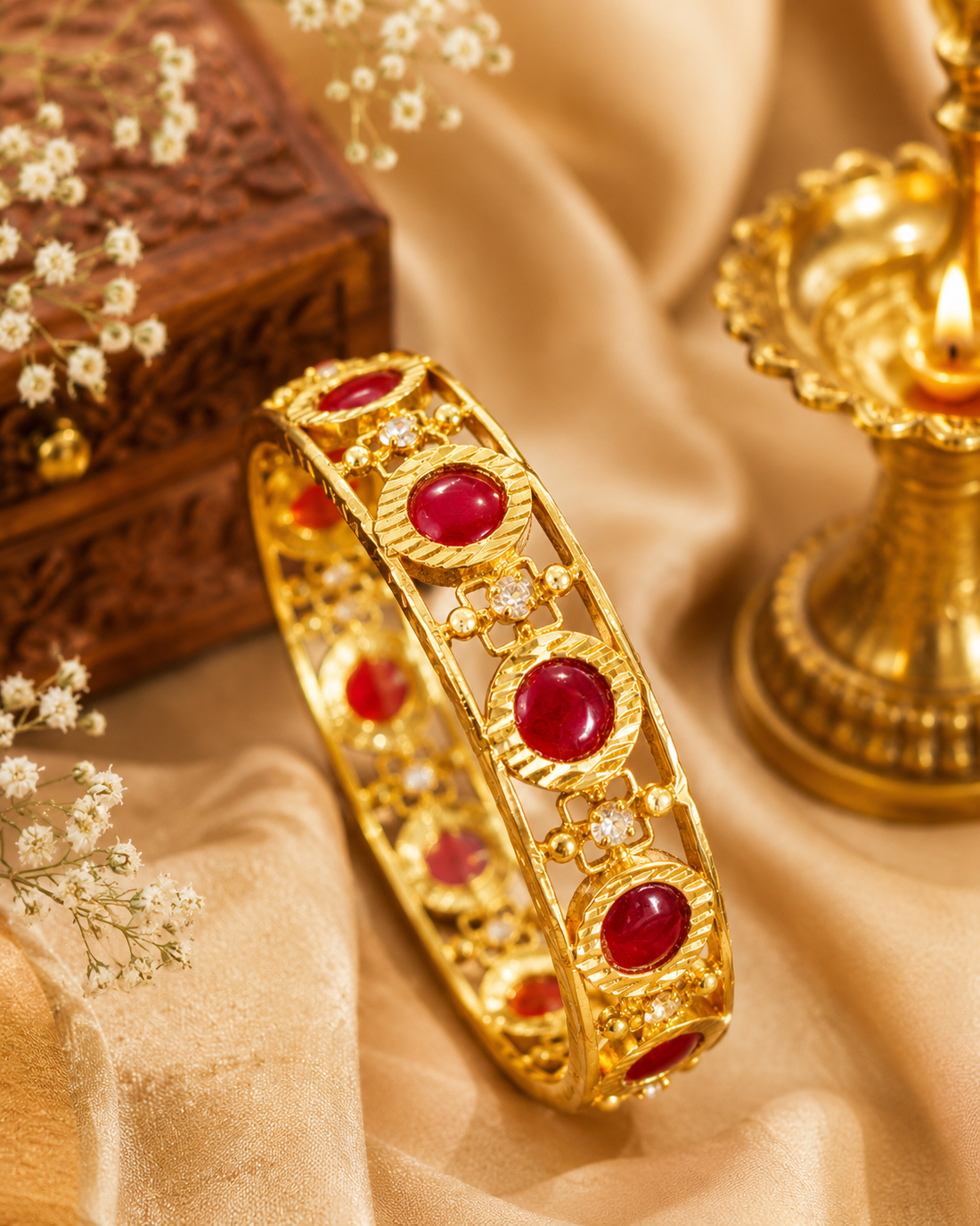 Gold Kada with Oval Ruby Stones & Rope-Bordered Frames | L7546/L7545/L6550/L6553