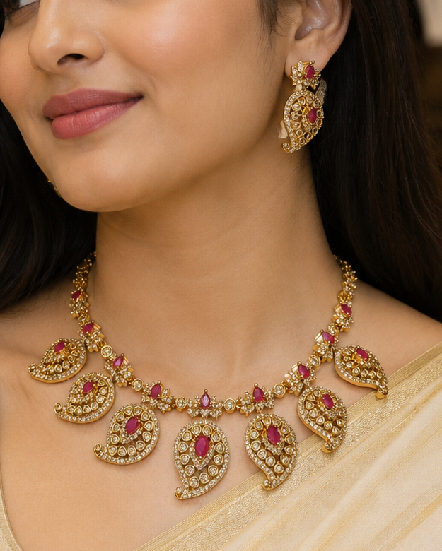 Antique Gold Ruby CZ Paisley Necklace Set with Earrings | THV204