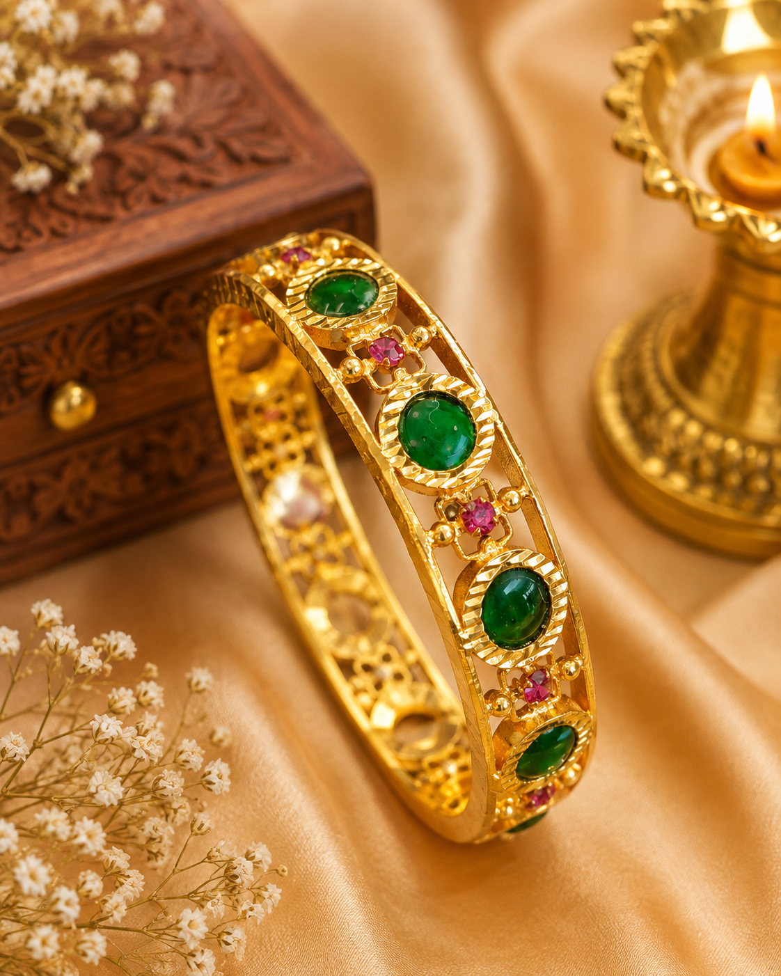 Gold Kada with Oval Ruby Stones & Rope-Bordered Frames | L7546/L7545/L6550/L6553