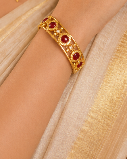 Gold Kada with Oval Ruby Stones & Rope-Bordered Frames | L7546/L7545/L6550/L6553