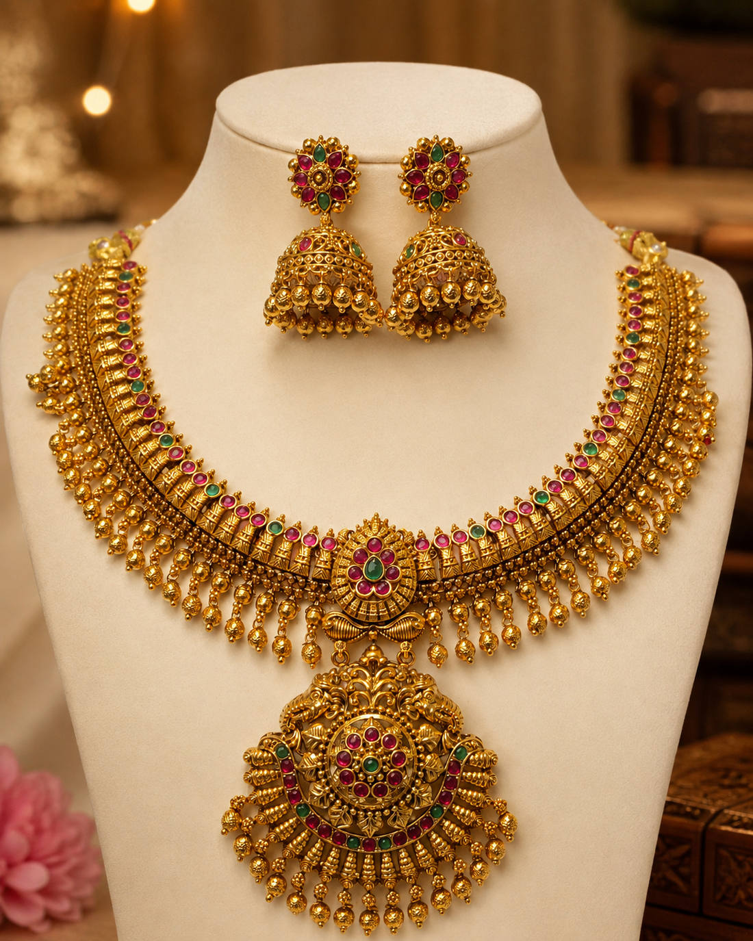 Antique Gold Kemp Multi-Stone Temple Necklace Set with Jhumkas | LV3168