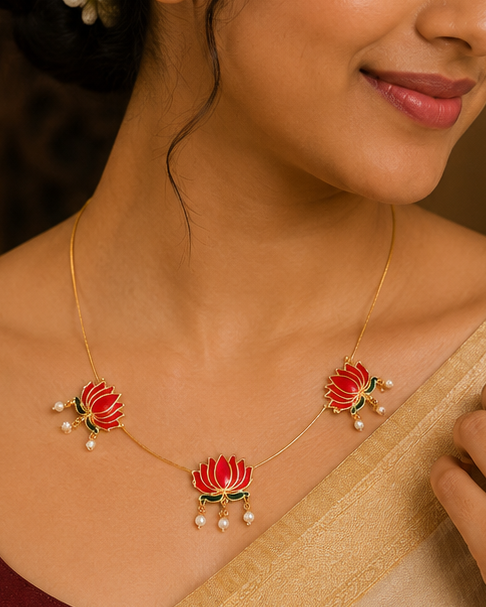 Gold Lotus Meenakari Necklace with Pearl Drops | L14775