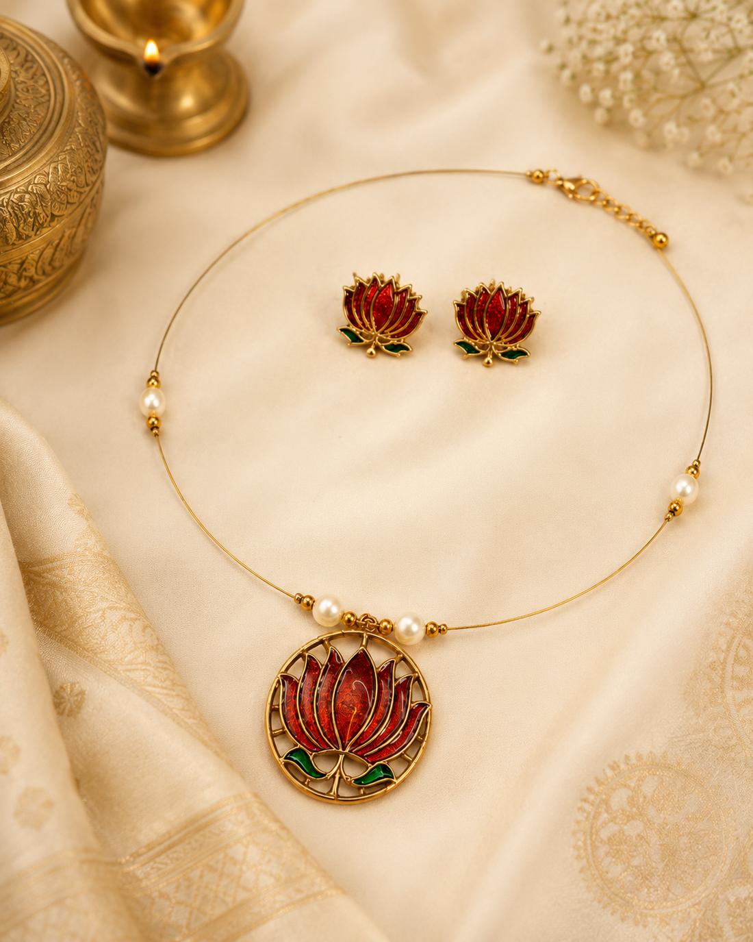 Gold Lotus Meenakari Necklace Set with Pearl Studs | L14830