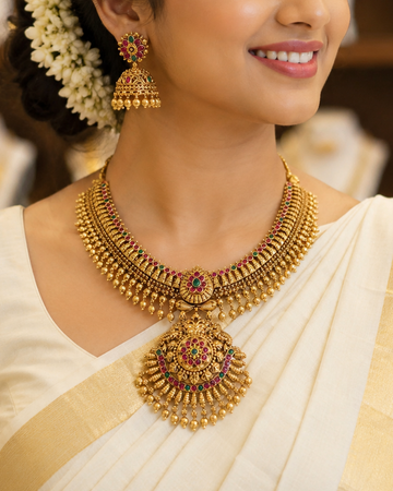 Antique Gold Kemp Multi-Stone Temple Necklace Set with Jhumkas | LV3168