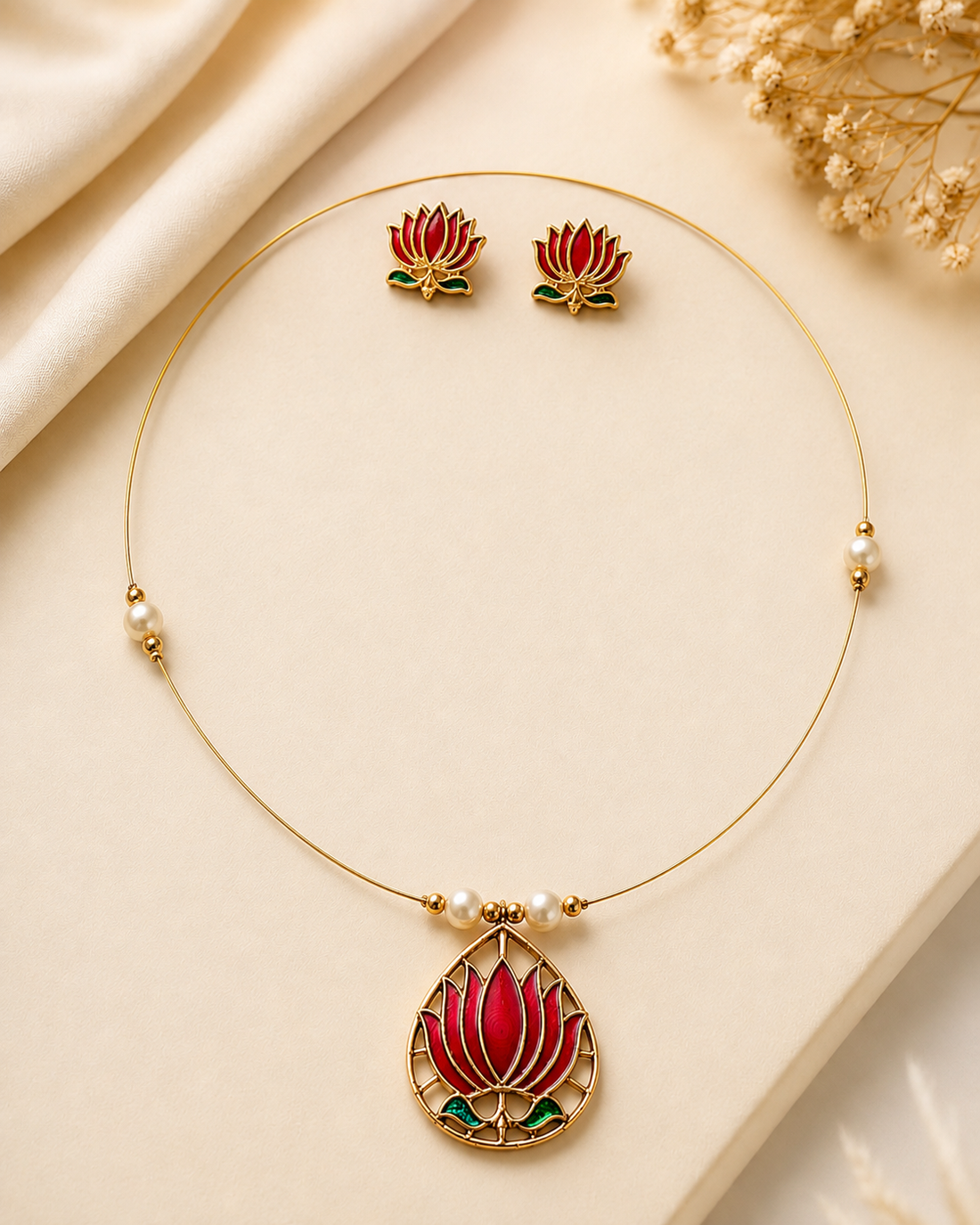 Gold Lotus Meenakari Teardrop Invisible Chain Necklace Set | L14830