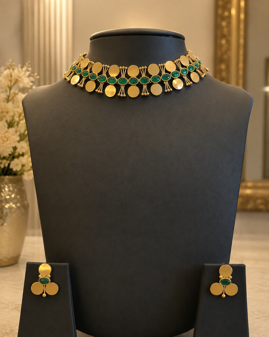 Coin Choker Necklace Set with Green Cabochon Stones | ONK196