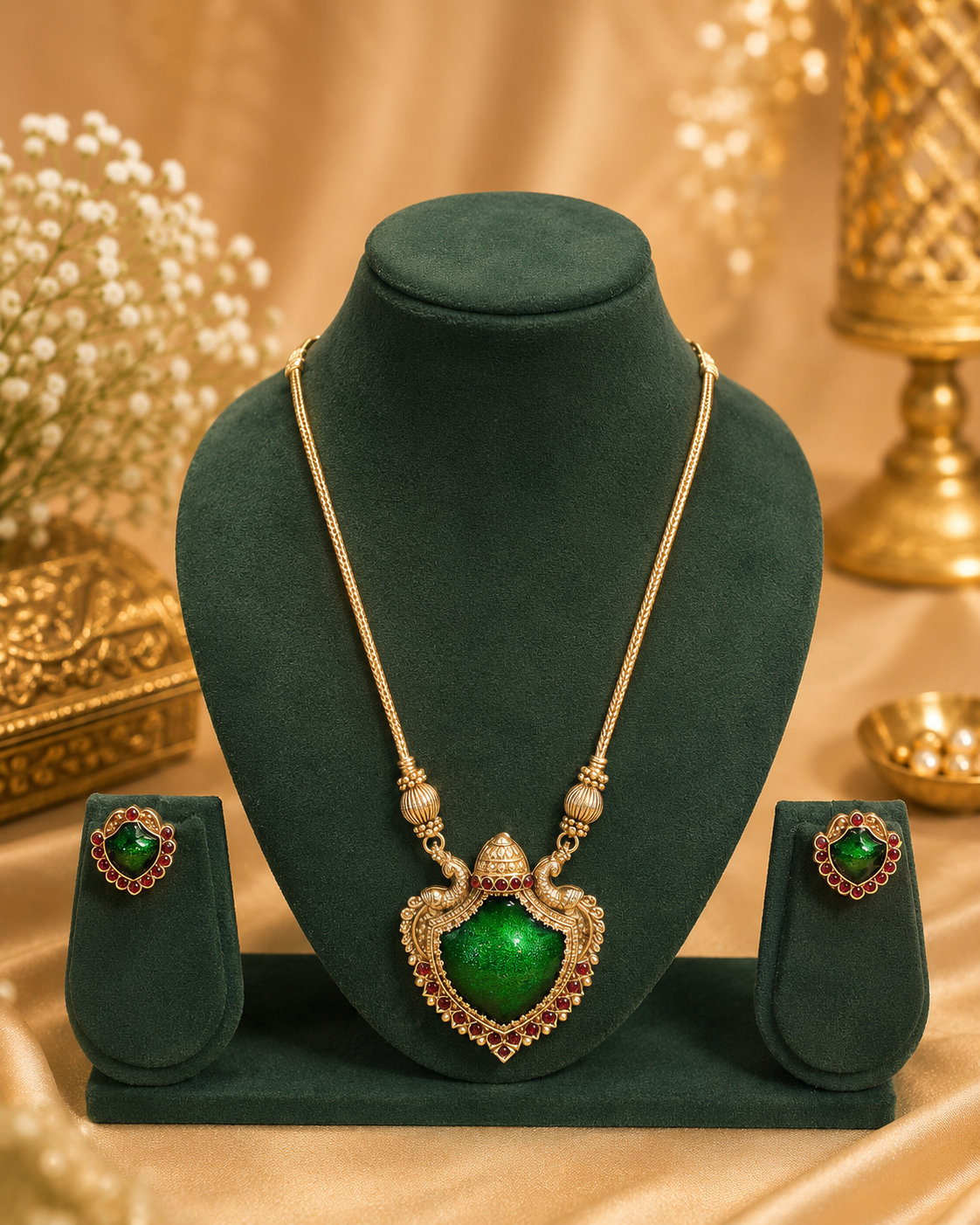 Antique Gold Peacock Emerald Pendant Necklace Set | L15134