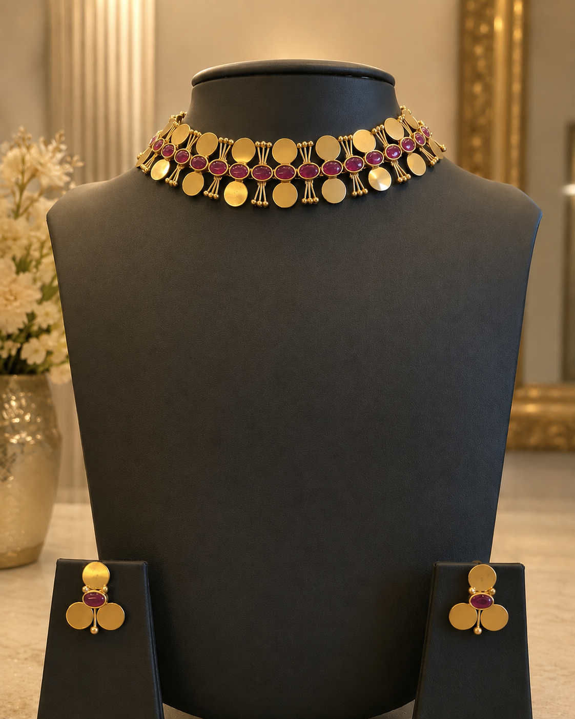 Coin Choker Necklace Set with Green Cabochon Stones | ONK196