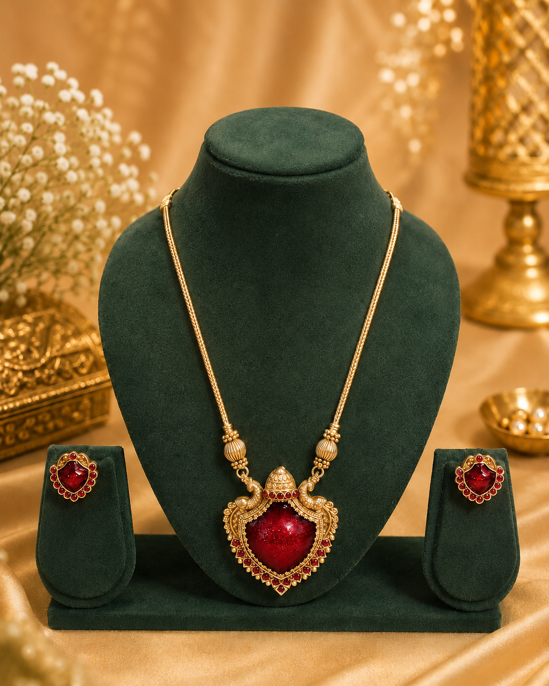Antique Gold Peacock Emerald Pendant Necklace Set | L15134