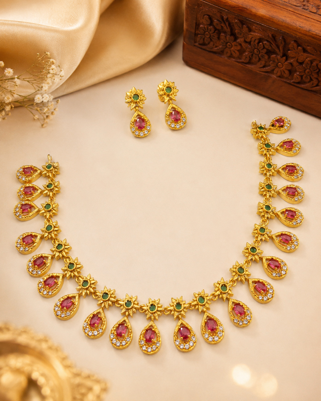 Gold Ruby Teardrop & CZ Sunburst Necklace Set with Emerald Accents | OG28