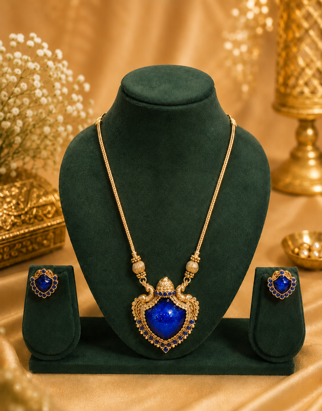 Antique Gold Peacock Emerald Pendant Necklace Set | L15134