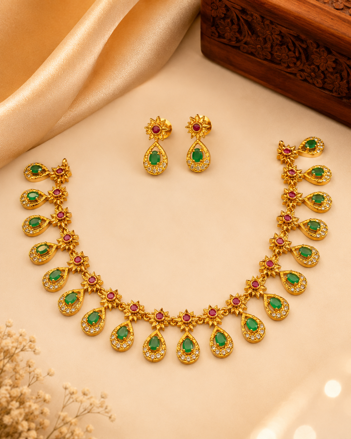 Gold Ruby Teardrop & CZ Sunburst Necklace Set with Emerald Accents | OG28