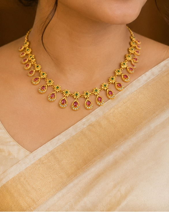Gold Ruby Teardrop & CZ Sunburst Necklace Set with Emerald Accents | OG28