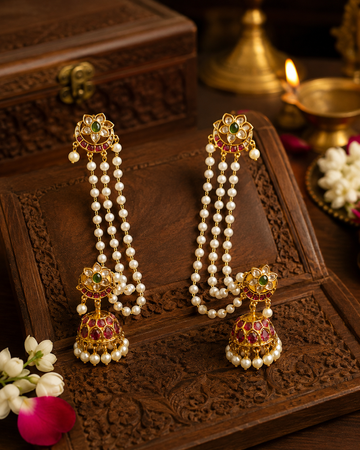 Antique Gold Earrings with Pearl Cluster Drops | OG37