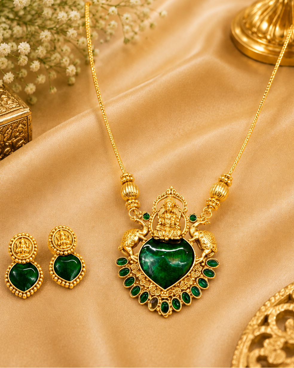Antique Gold Lakshmi Temple Emerald Necklace Set | L14735