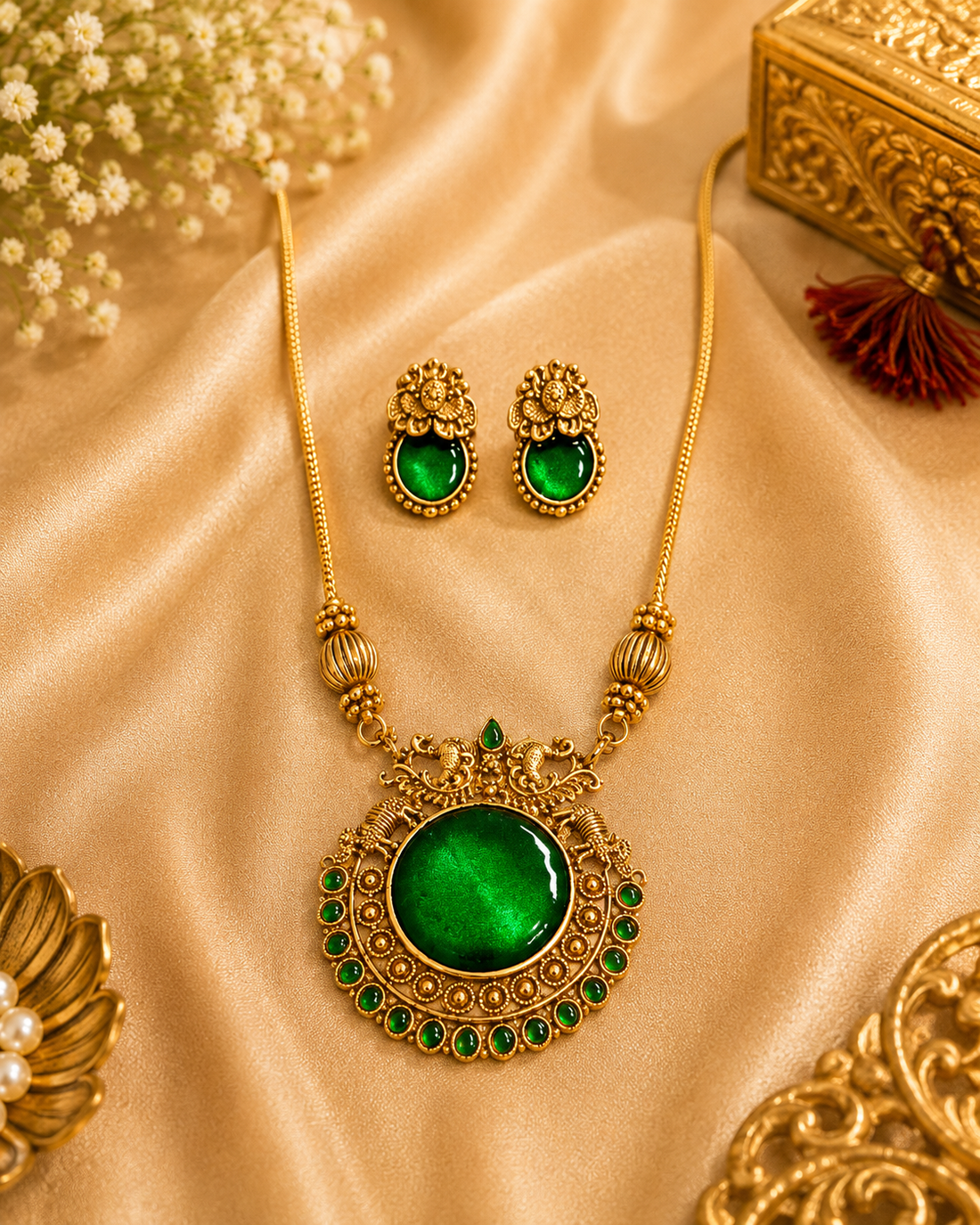 Antique Gold Large Emerald Oval Pendant Necklace Set | L14735