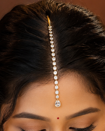 Gold CZ Graduated Round & Teardrop Maang Tikka Single Line Design | OG45