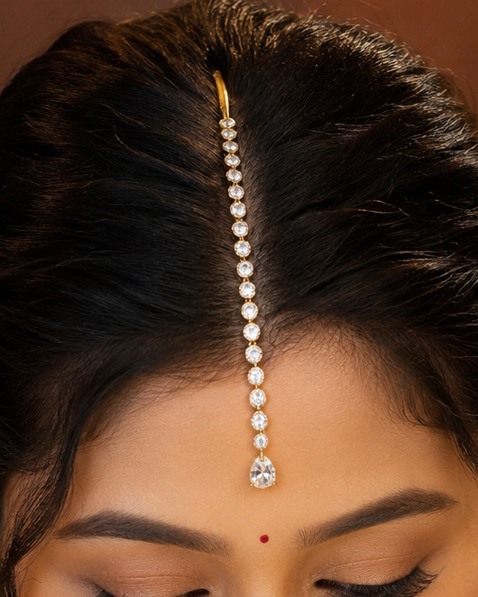 Gold CZ Graduated Round & Teardrop Maang Tikka Single Line Design | OG45