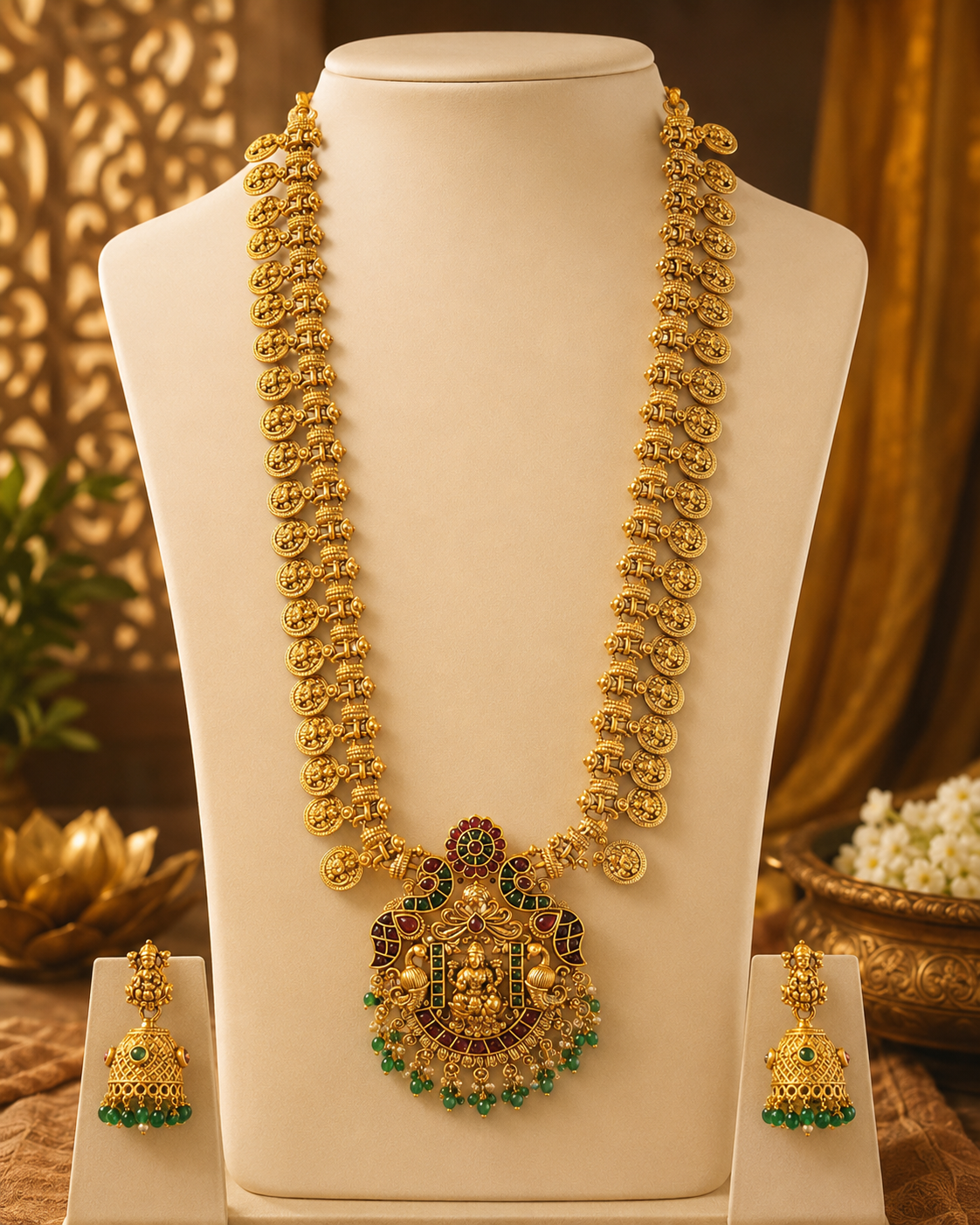 Antique Gold Lakshmi Long Haram with Floral Coin Chain & Kemp Pendant | ONK218