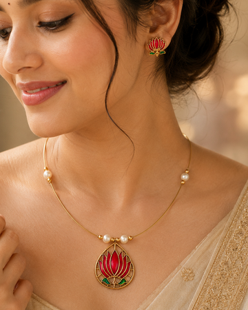 Gold Lotus Meenakari Teardrop Invisible Chain Necklace Set | L14830