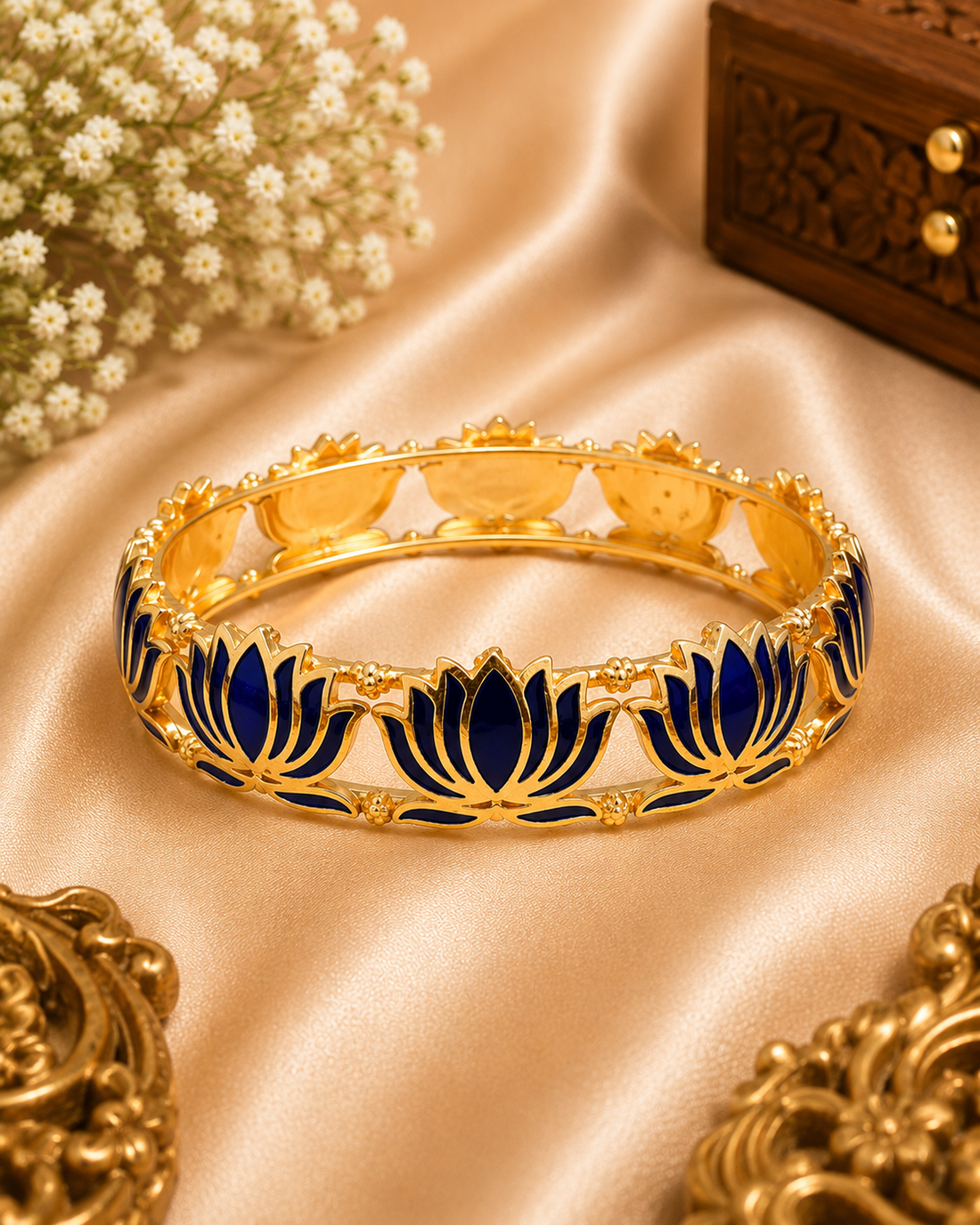 Buy 1 Get 1 Free ,Gold Blue Meenakari Lotus Bangle Bracelet | L11123