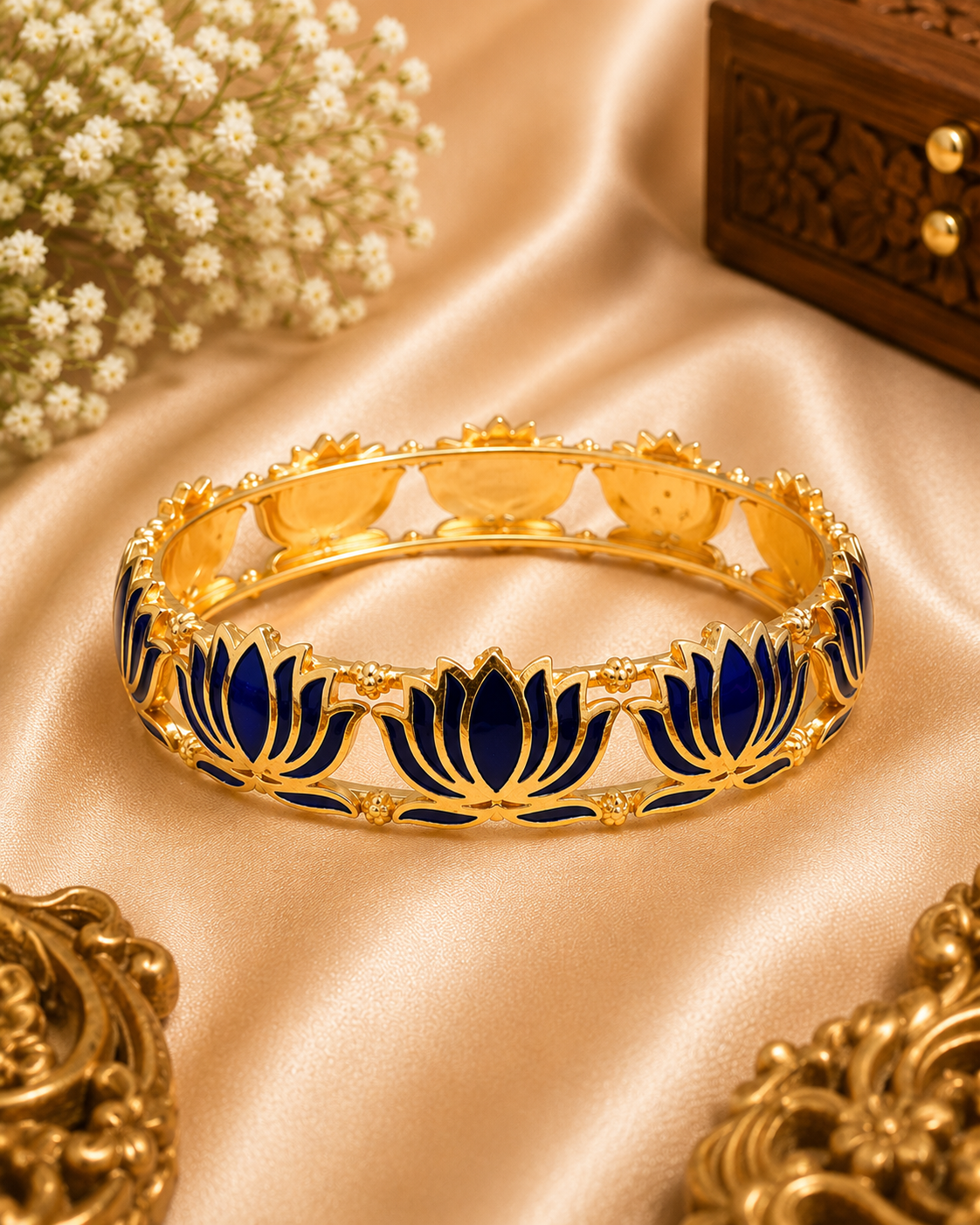 Buy 1 Get 1 Free ,Gold Blue Meenakari Lotus Bangle Bracelet | L11123