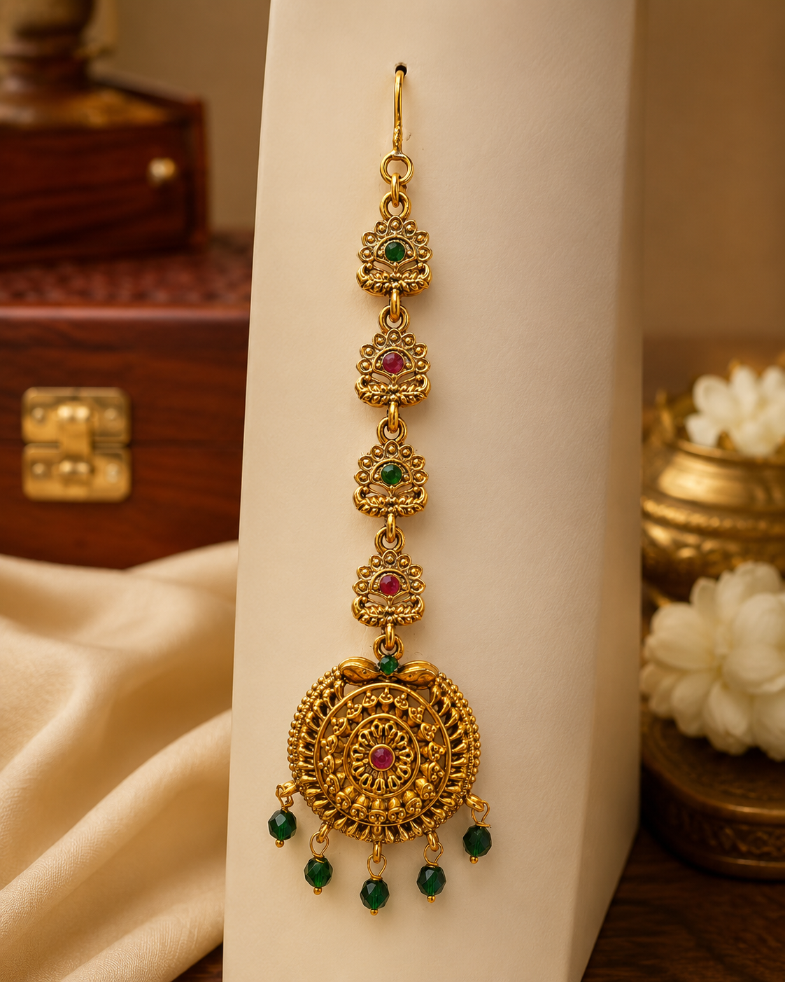 Antique Gold Nakshi Round Maang Tikka with Kemp Emerald Bead Drops | OG44