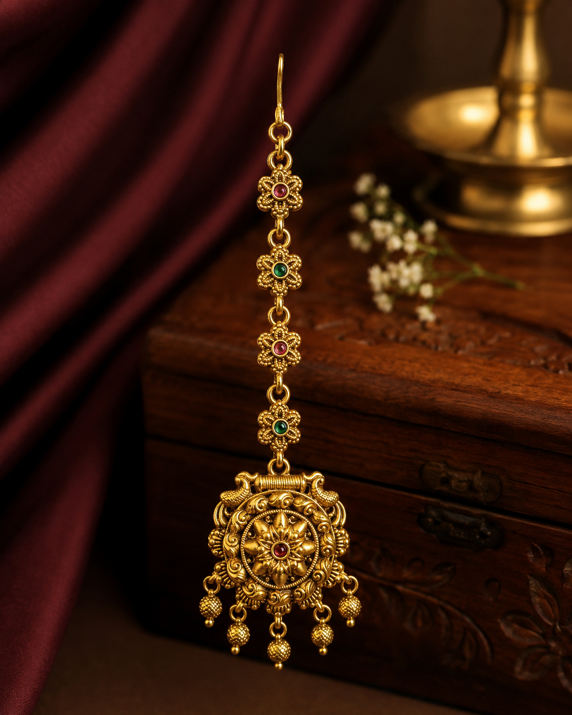 Antique Gold Nakshi Round Maang Tikka with Kemp Emerald Bead Drops | OG44