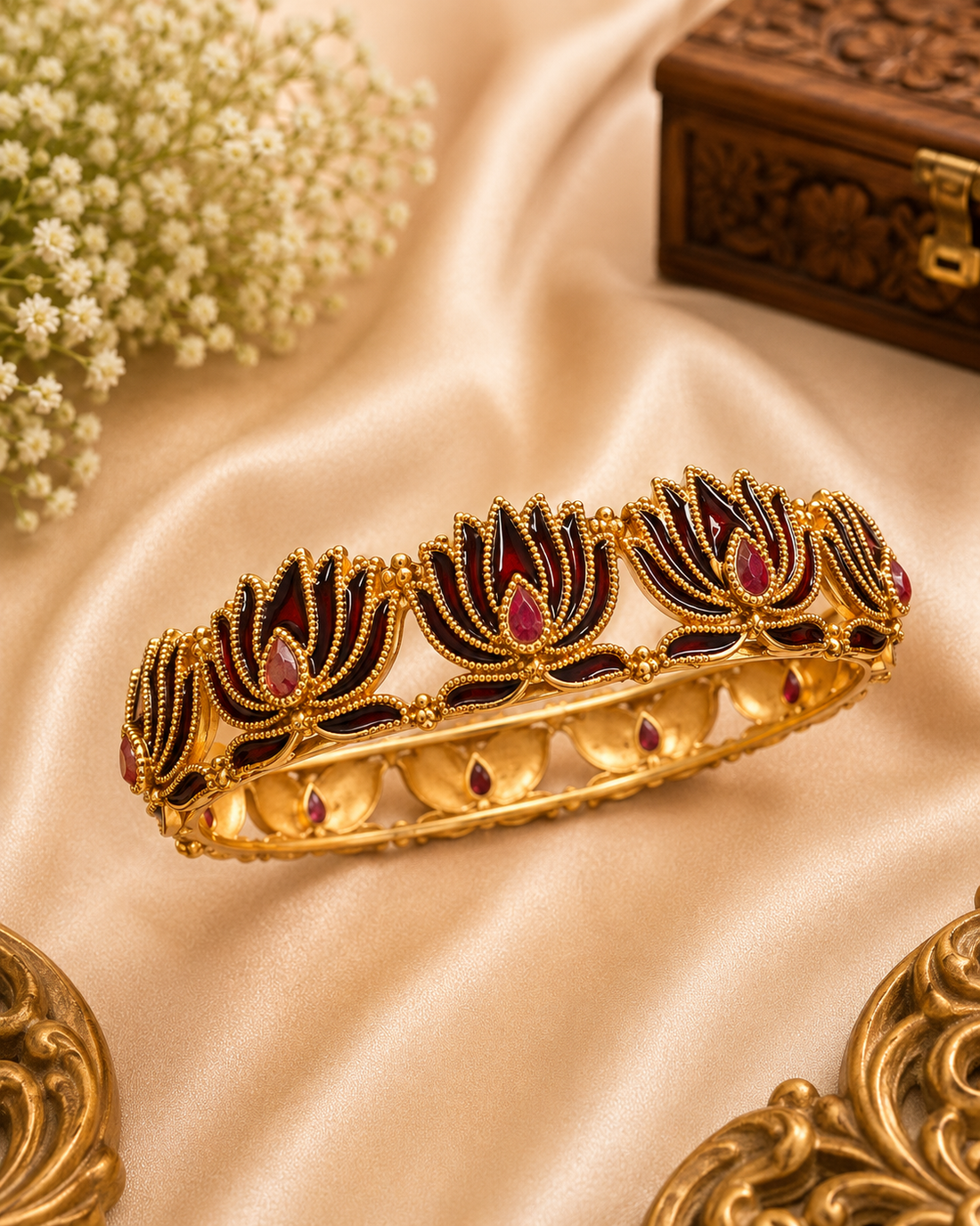 Buy 1 Get 1 Free , Antique Gold Dark Red Ruby Lotus Bangle Bracelet | L11124
