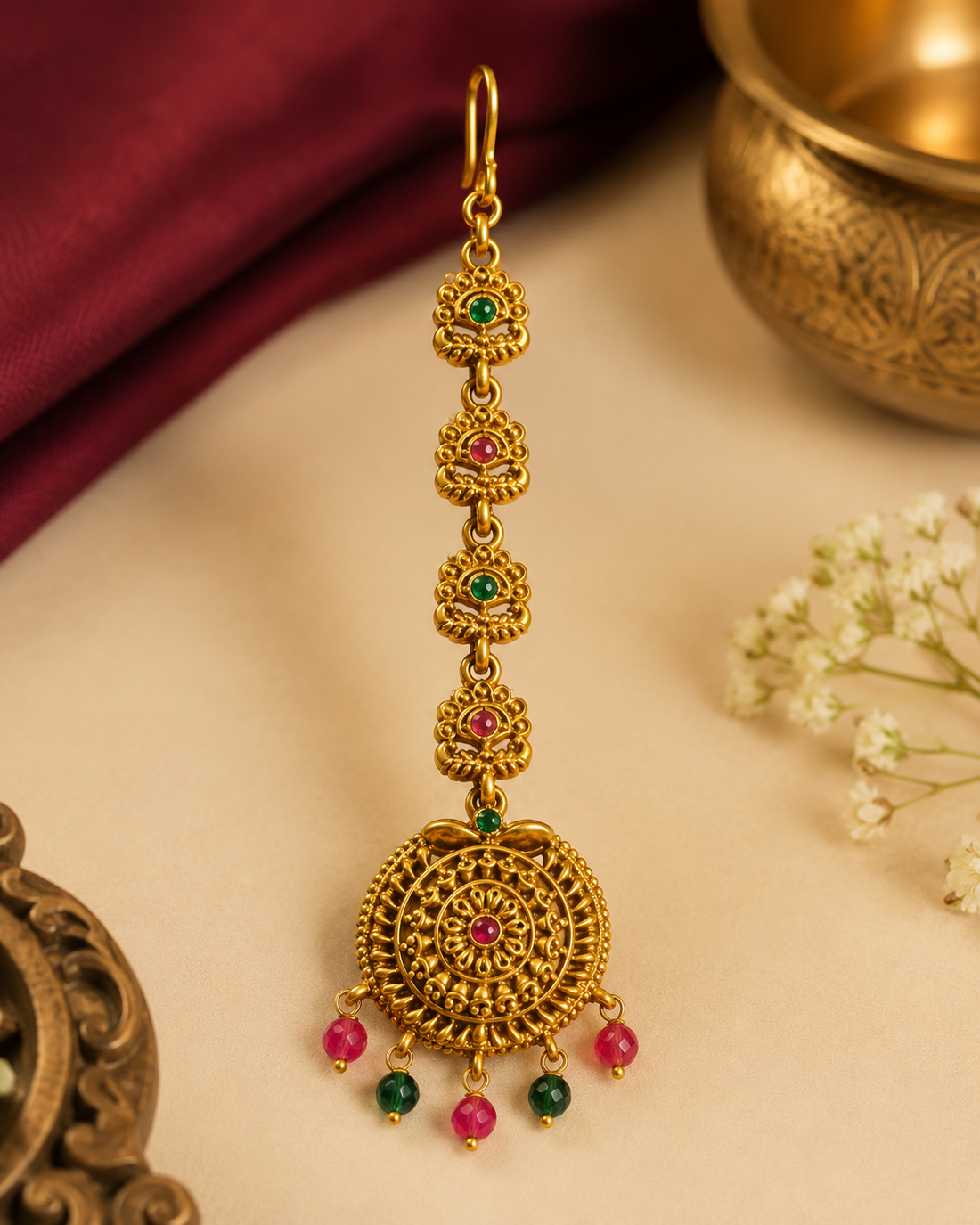 Antique Gold Nakshi Round Maang Tikka with Kemp Emerald Bead Drops | OG44