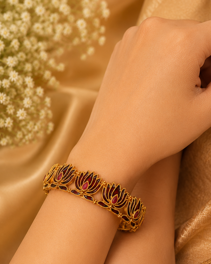 Buy 1 Get 1 Free , Antique Gold Dark Red Ruby Lotus Bangle Bracelet | L11124