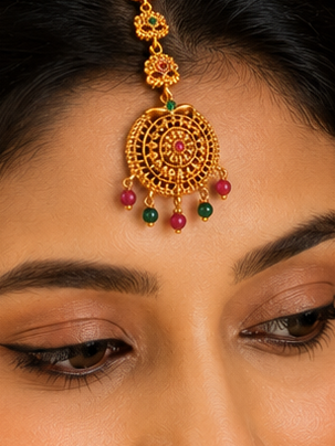 Antique Gold Nakshi Round Maang Tikka with Kemp Emerald Bead Drops | OG44