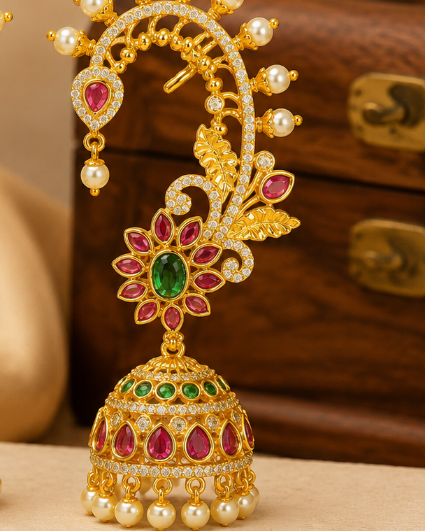 Gold CZ Peacock Ear Cuff Jhumka Earrings with Ruby Emerald Floral Centre | OG52
