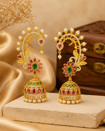 Gold CZ Peacock Ear Cuff Jhumka Earrings with Ruby Emerald Floral Centre | OG52