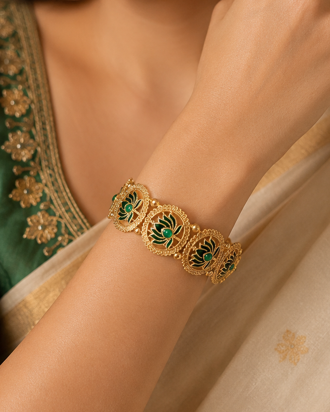 Buy 1 Get 1 Free,Gold Green Meenakari Lotus Medallion Bangle | L14803