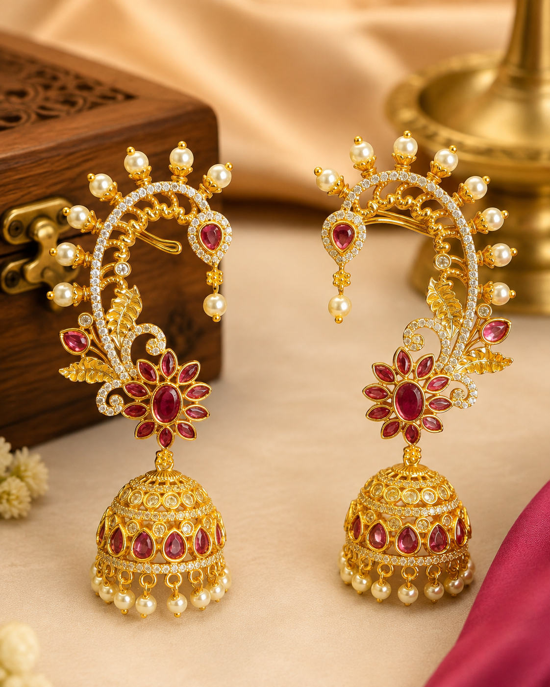 Gold CZ Peacock Ear Cuff Jhumka Earrings with Oval Floral Centre | OG57