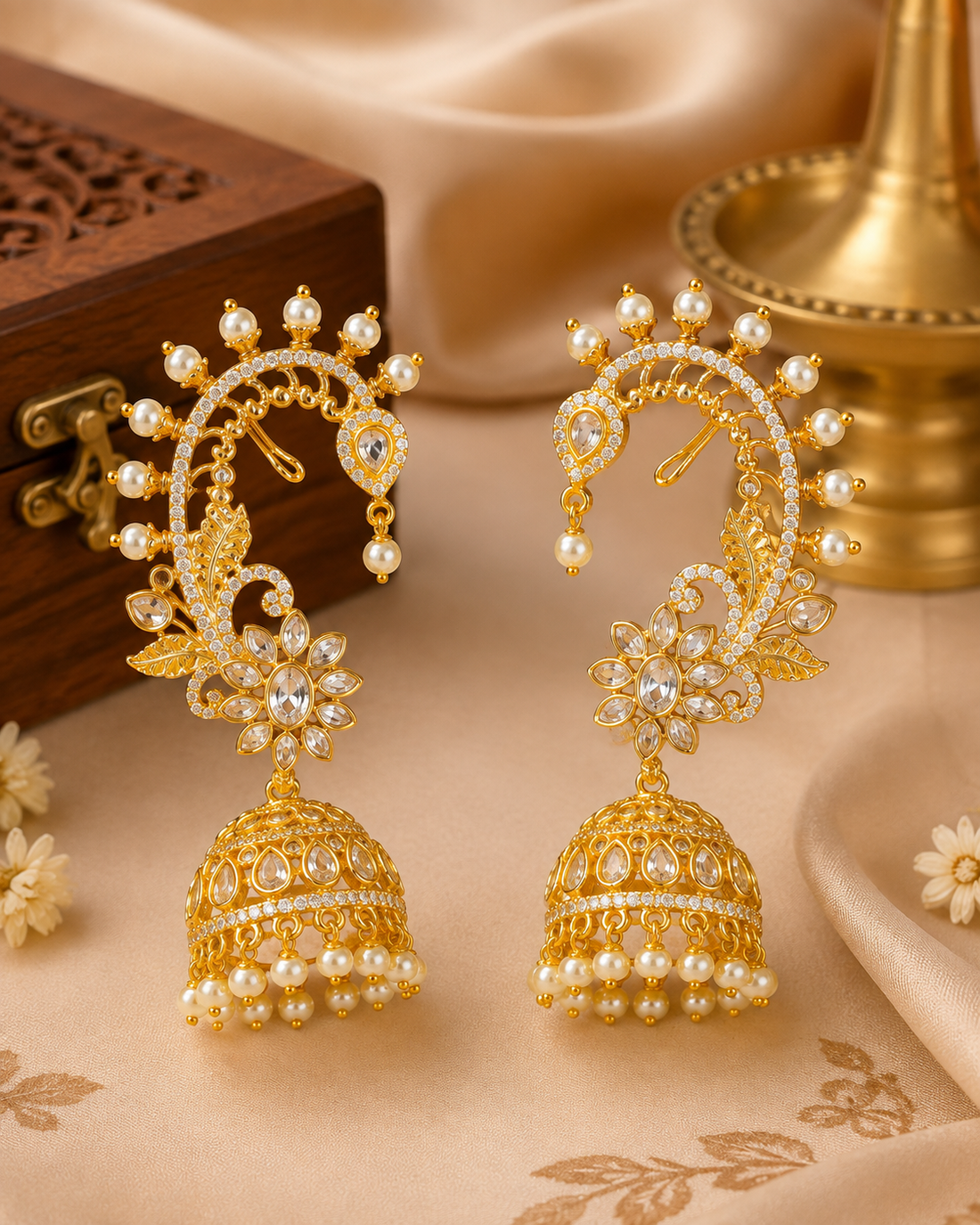Gold CZ Peacock Ear Cuff Jhumka Earrings with Oval Floral Centre | OG57