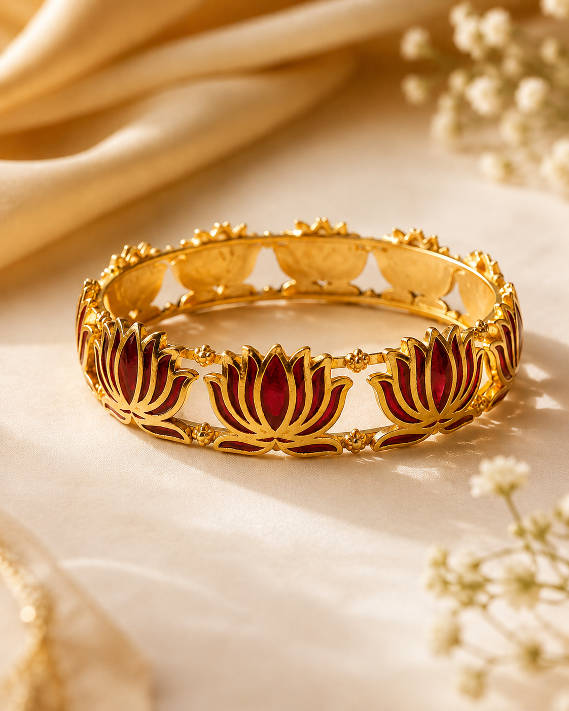 Buy 1 Get 1 Free, Gold Deep Red Meenakari Lotus Bangle Bracelet | L11123