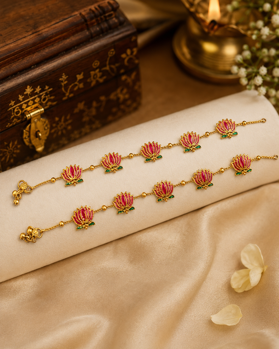 Gold Meenakari Lotus Anklet Pair with Ruby Pink Petals & Emerald Leaf Base | ONK199