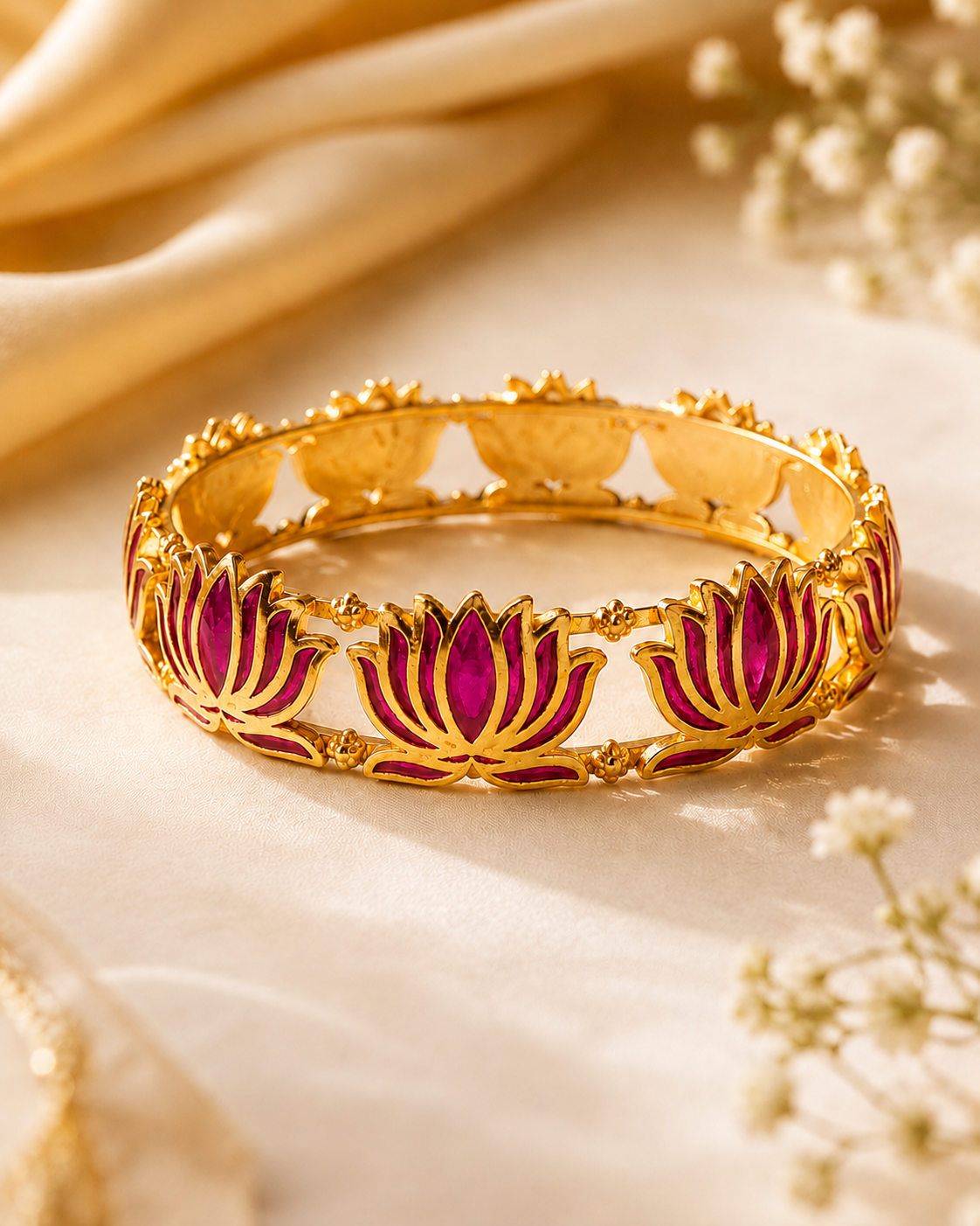 Buy 1 Get 1 Free, Gold Deep Red Meenakari Lotus Bangle Bracelet | L11123