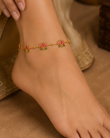 Gold Meenakari Lotus Anklet Pair with Ruby Pink Petals & Emerald Leaf Base | ONK199